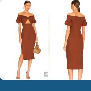 NWT Yaura X Revolve Size 2 Toni Brown Linen Midi Dress Cut Out Midriff Bohemian